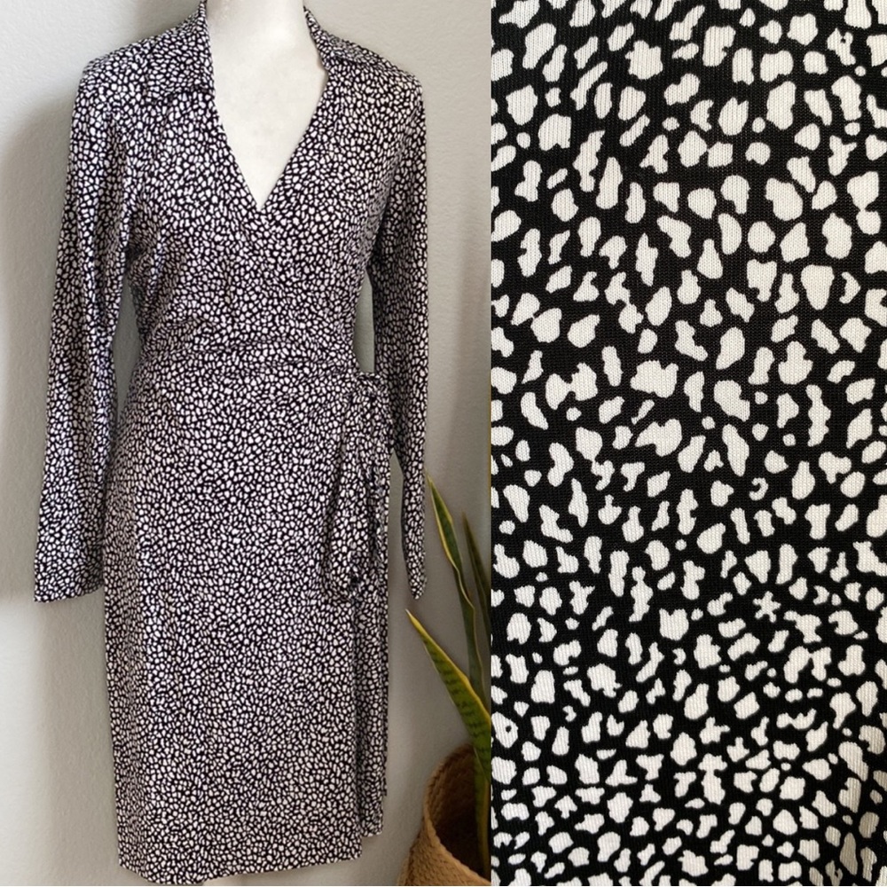 DVF Jeanne Printed Animal Dotted Modern Wrap Dress Long Sleeves 12